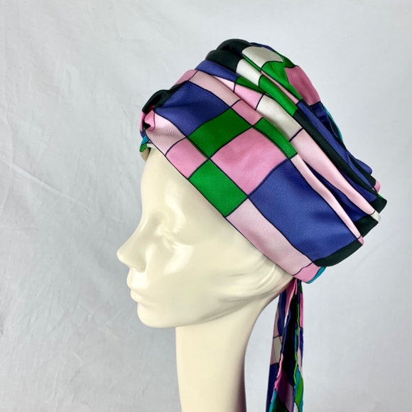 1960s Mr Ken Turban and Matching Scarf M Pink Purple Green Color Block Excellent main image 11